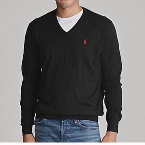 U.S. Polo Assn. Men's Black V-Neck Sweater with Red Accent Size Large